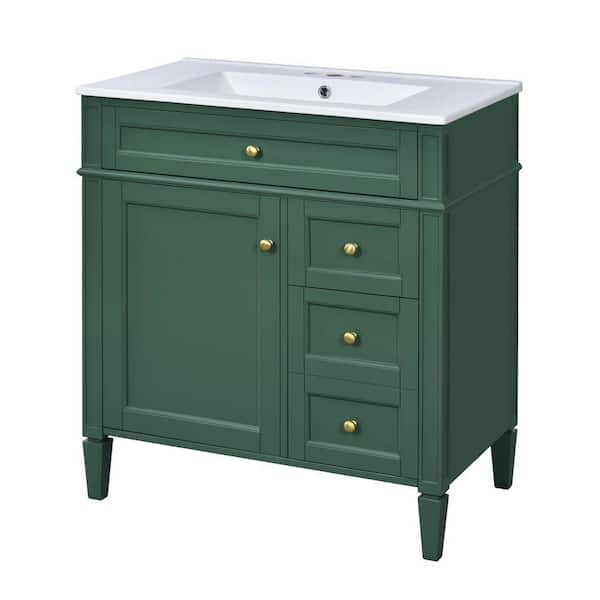 30 in. W x 18 in. D x 33 in. H Single Sink Freestanding Green Bath Vanity with White Ceramic Top and Tip-out Drawer