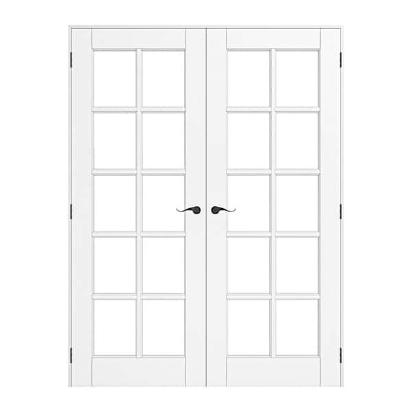 56 in. x 80 in. 10-Lite Clear Glass Universal White Solid Core Glass Double Prehung French Door with Quick Assemble Jamb