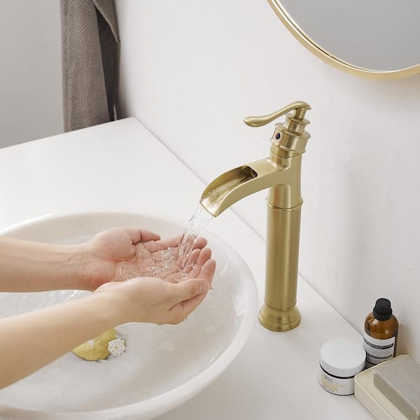 Waterfall Single Handle Bathroom Vessel Sink Faucet Farmhouse Vanity Bowl Tall Lavatory With Metal Drain in Brushed Gold