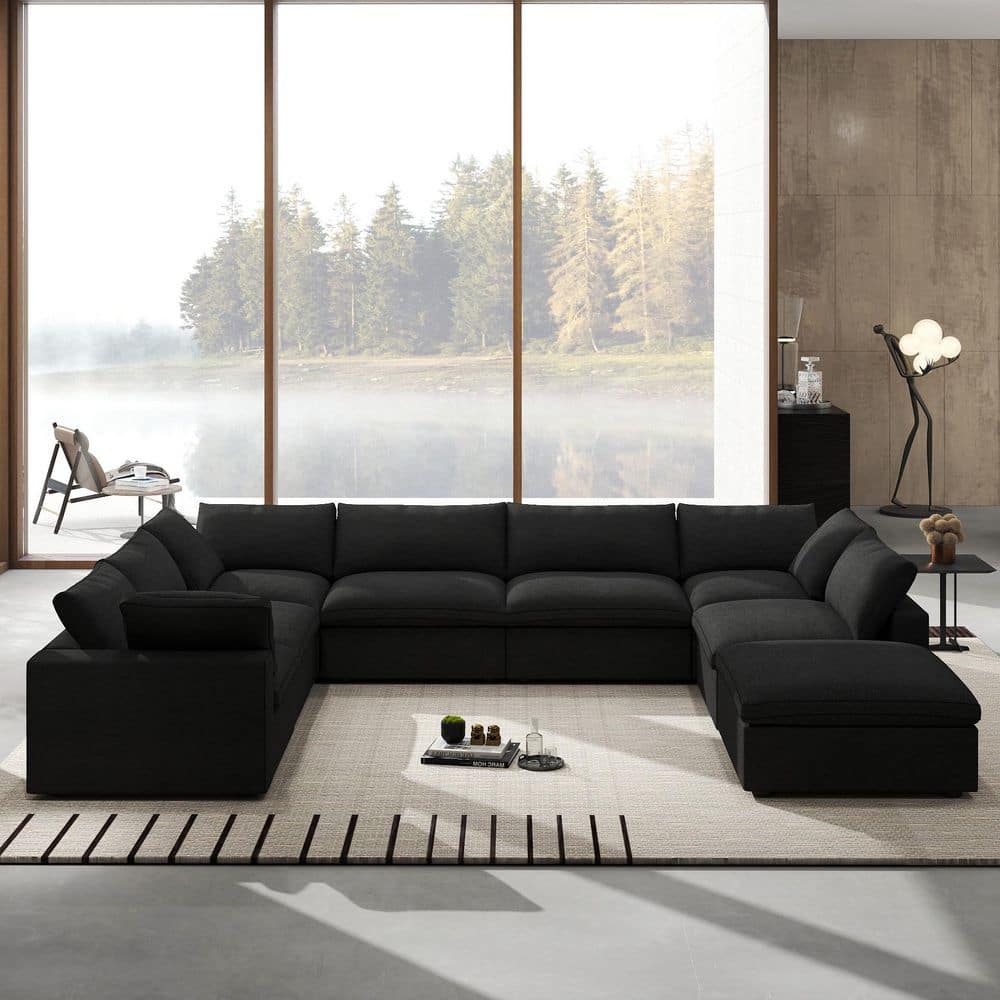 J&E Home 157.3 in. Square Arm 8-Piece Linen Modular Deep Seat U