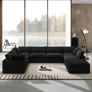 157.3 in. Square Arm 8-Piece Linen Modular Deep Seat U-Shaped Sectional Sofa in Black with Ottoman and Slipcover