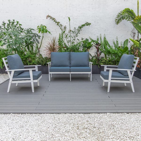 Walbrooke White 3-Piece Aluminum Outdoor Sectional Set with Removable Cushions Loveseat and Set of 2 Armchair, Navy Blue