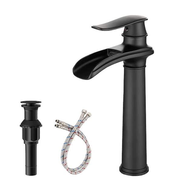 HOMEMYSTIQUE Waterfall Single Hole Single Handle Vessel Sink Faucet With Pop-Up Drain Assembly in Matte Black