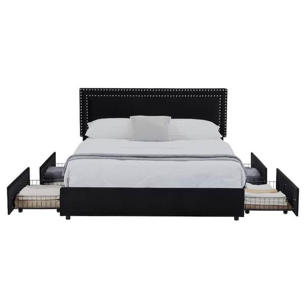 Platform Bed Frame Black Metal Frame Queen Size Platform Bed with 4 Storage Drawers, Upholstered bed with Headboard