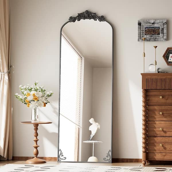 XRAMFY 21 in. W x 64 in. H Arched Black Metal Framed with Carved Decoration Full Length Mirror