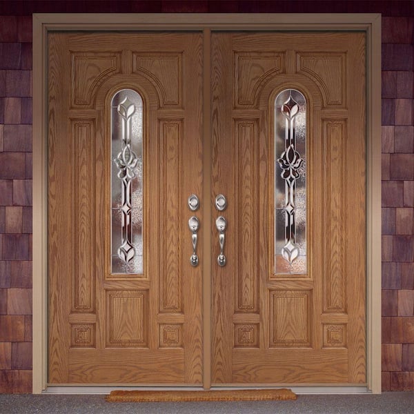 74 in. x 81.625 in. Medina Zinc Center Arch Lite Stained Light Oak Left-Hand Fiberglass Double Prehung Front Door