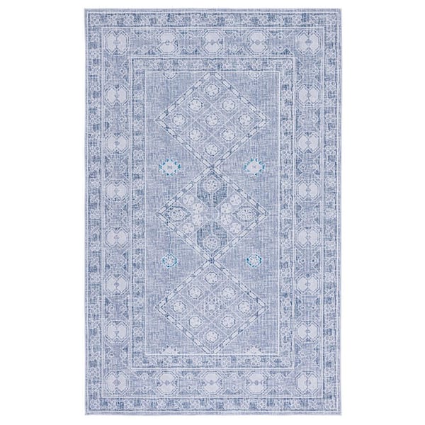SAFAVIEH Tuscon Gray/Ivory Doormat 3 ft. x 5 ft. Machine Washable Geometric Border Area Rug