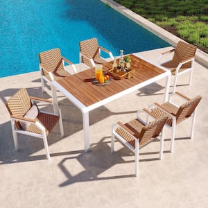 Brown 7-Piece Wicker Outdoor Dining Set with Wood Table and 6-Chairs