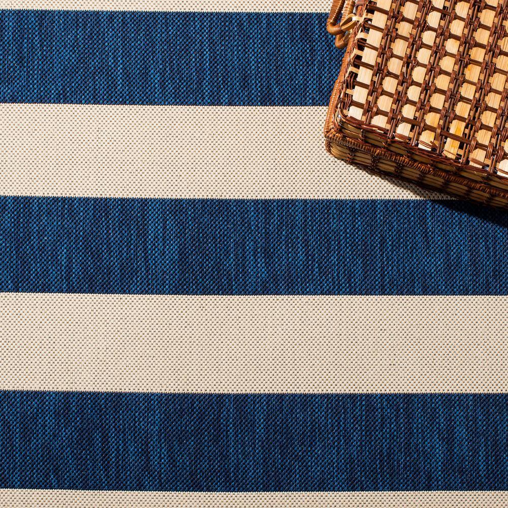 Beige and Navy Striped Square Synthetic Indoor/Outdoor Rug