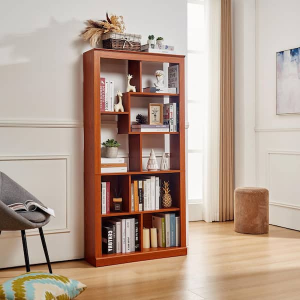 64.56 in. Tall Dark Oak MDF Wood Open Storage Bookcase, Multi Space Display Storage Cabinet