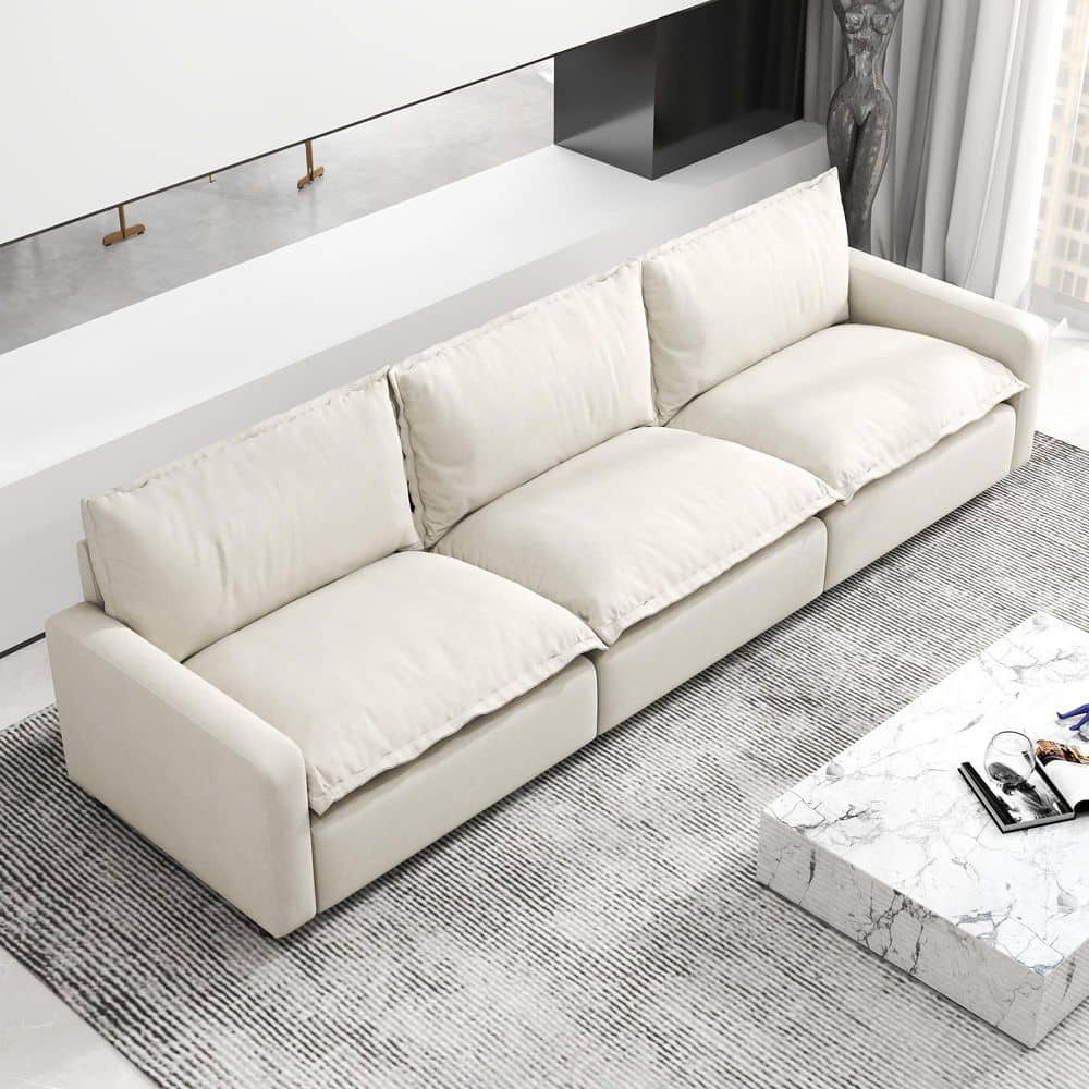 116 in. Square Arm 3-piece Linen Rectangle Living Room Couch Sectional Sofa with Removeble Covers in Beige