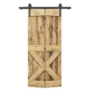 20 in. x 84 in. Mini X Series Solid Core Weather Oak Stained DIY Wood Bi-Fold Barn Door with Sliding Hardware Kit