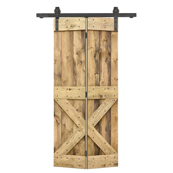 CALHOME 20 in. x 84 in. Mini X Series Solid Core Weather Oak Stained DIY Wood Bi-Fold Barn Door with Sliding Hardware Kit