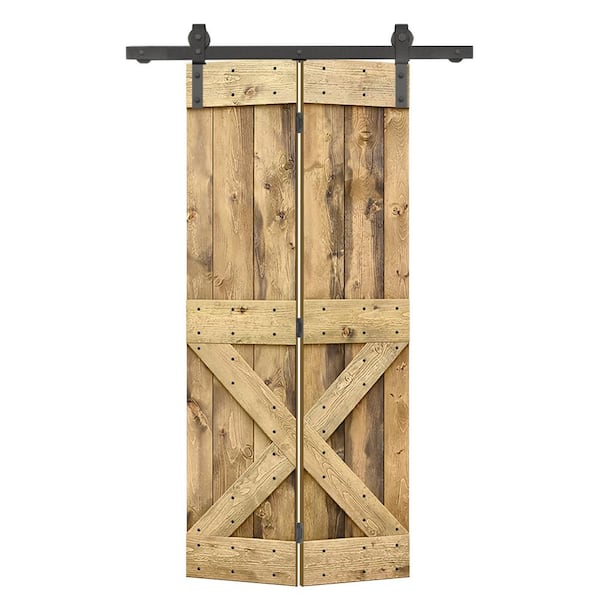 CALHOME 34 in. x 84 in. Mini x Series Solid Core Weather Oak Stained DIY Wood Bi-Fold Barn Door with Sliding Hardware Kit