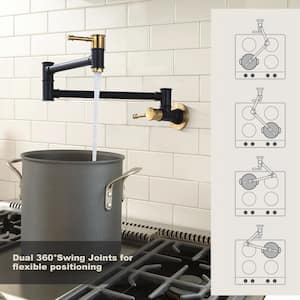 Wall Mounted Folding Pot Filler with Double-Handle Stretchable Kitchen Faucet in Black and Gold