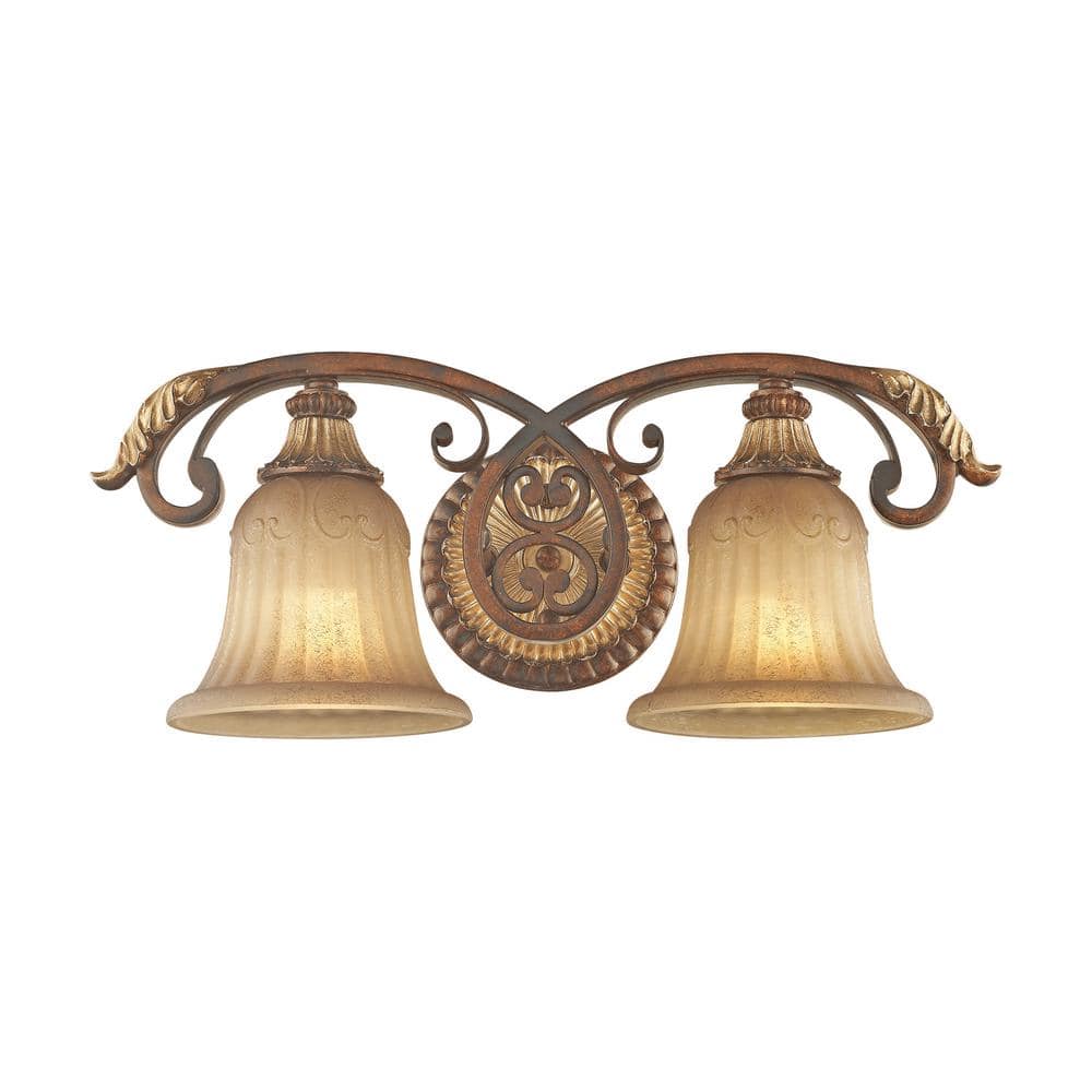 Verona Bronze & Aged Gold Leaf 2-Light Vanity with Rustic Art Glass
