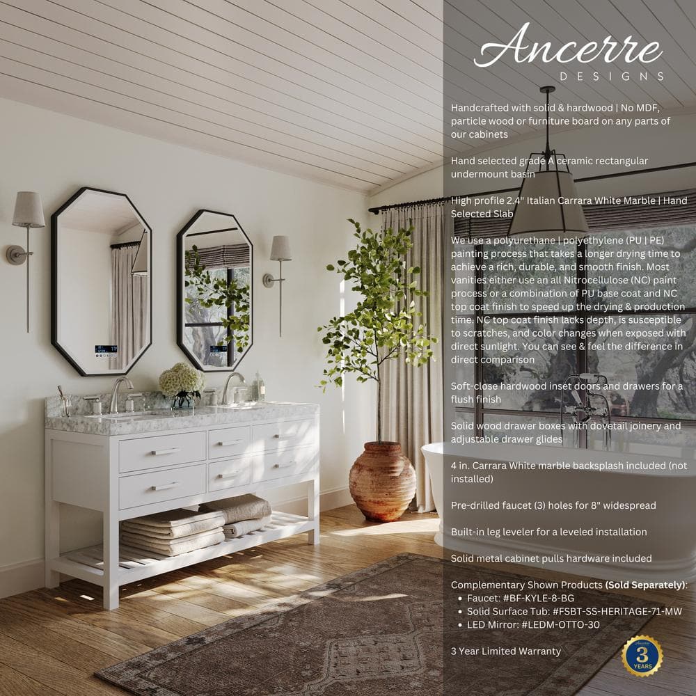 Elizabeth 60" White Wood Bathroom Vanity Set with Marble Top