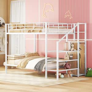 White Full over Full Metal Bunk Bed with Wood Lateral Storage Staircase and Built-in Wardrobe