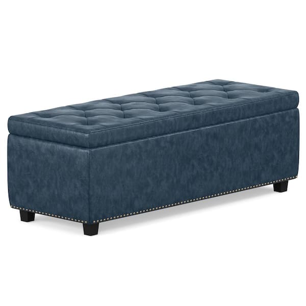 Hamilton 48 in. Wide Traditional Rectangle Storage Ottoman in Denim Blue Vegan Faux Leather, Assembled