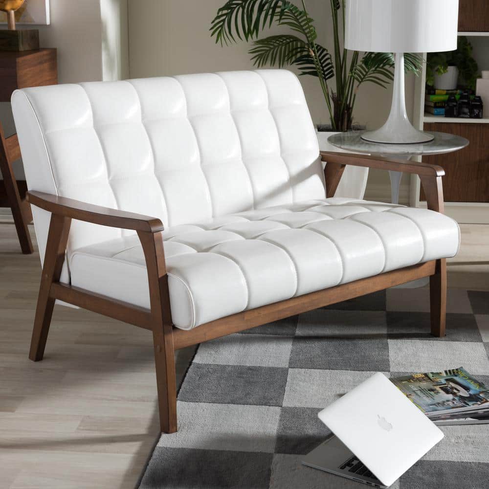 Mid-Century Flared Arm White Faux Leather Loveseat