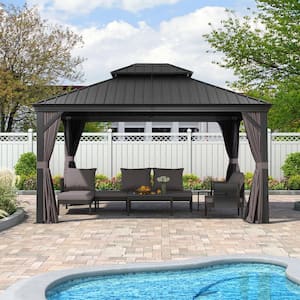 12 ft. x 14 ft. Gray Aluminum Hardtop Gazebo Canopy for Patio Deck Backyard Heavy-Duty with Netting and Upgrade Curtains