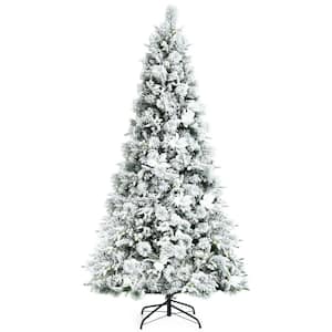 7 ft. White Unlit PVC, PE Snow Flocked Hinged Artificial Christmas Tree with Berries and Poinsettia Flowers
