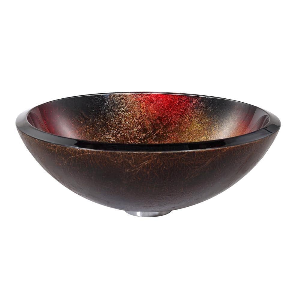 Red and Gold Glass Circular Vessel Bathroom Sink, 17 inch