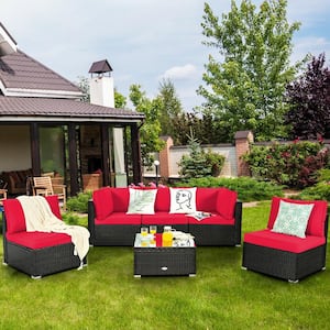 6-Piece Wicker Rattan Patio Conversation Set and Glass Coffee Table with Red Cushions, Easy to Assemble and Dimensions