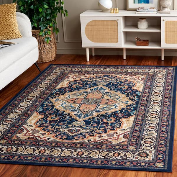 Journey Navy/Ivory 8 ft. x 10 ft. Machine Washable Medallion Ornate Area Rug