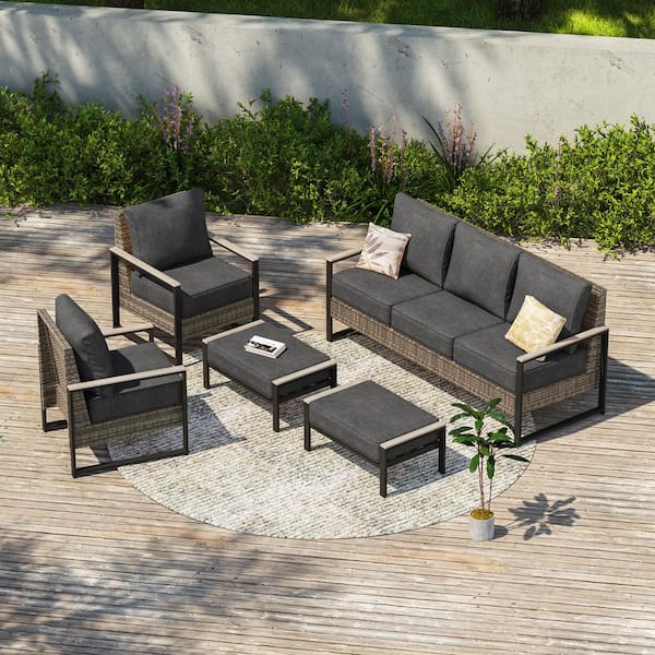 5 Pieces Patio Conversation Set Sofa with Ottomans Gray PE Wicker Wide Armrests with Black Cushion