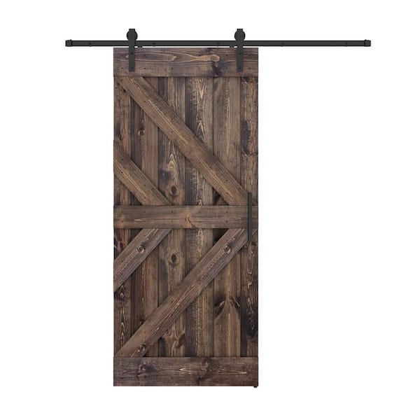 Dessliy Double KR 30 in. x 84 in. Dark Brown Finished Pine Wood Sliding Barn Door with Hardware Kit (DIY)