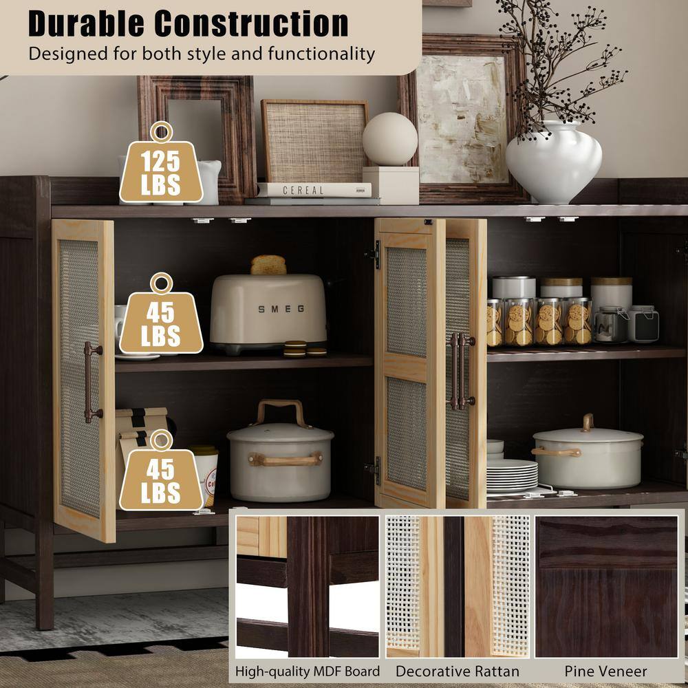 Natural Walnut Wood 60 in. Sideboard with Rattan Doors