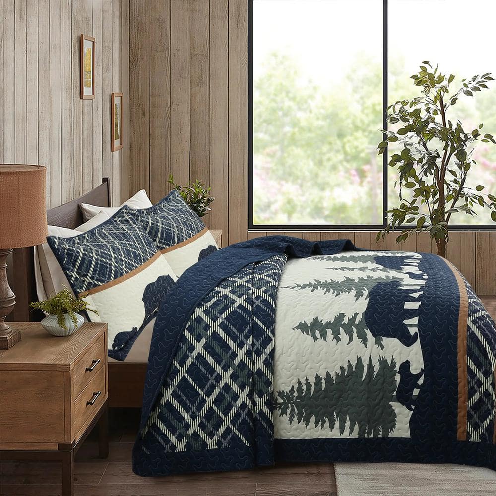 King Blue Reversible Rustic Lodge Quilt Set