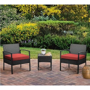 3-Pieces Wicker Patio Conversation Set 2-People Rattan Sofa Seating and Coffee Table Group Outdoor Set with Red Cushions