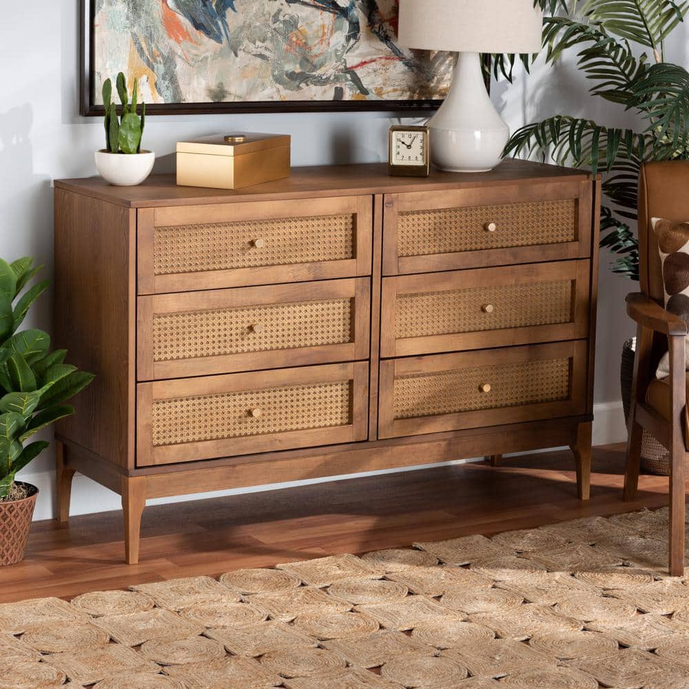 Ramiel Mid-Century Brown Ash Wood and Rattan 6-Drawer Dresser