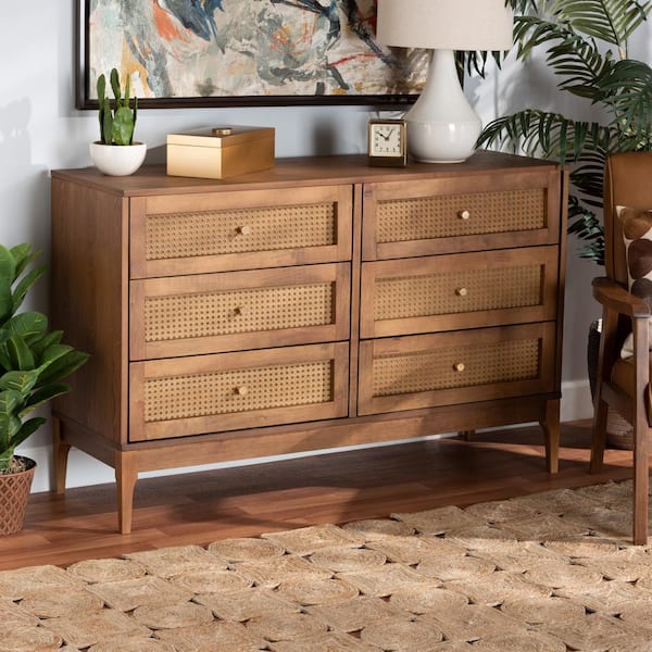 Baxton Studio Ramiel 6 Drawer Natural Brown and Gold Dresser 30.4