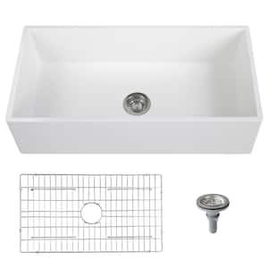 White Solid Surface Resin 36 in. Single Bowl Farmhouse Apron Kitchen Sink with Bottom Grid and Strainer