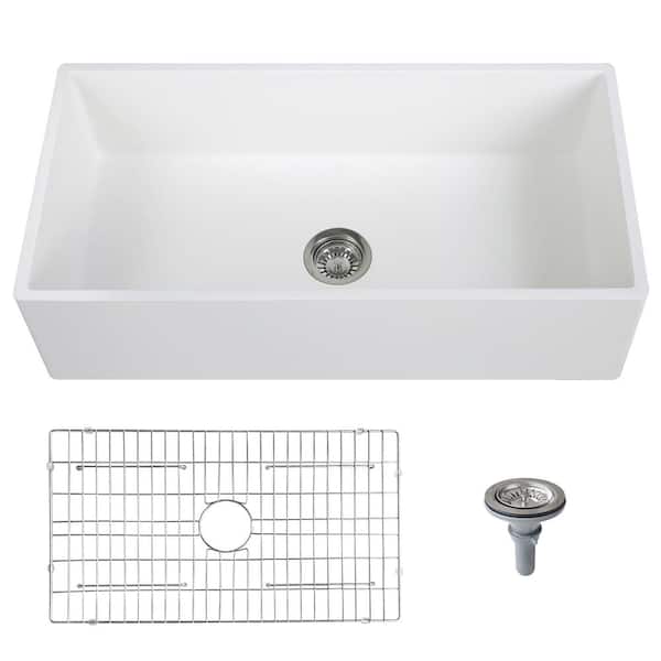 Streamline White Solid Surface Resin 36 in. Single Bowl Farmhouse Apron Kitchen Sink with Bottom Grid and Strainer