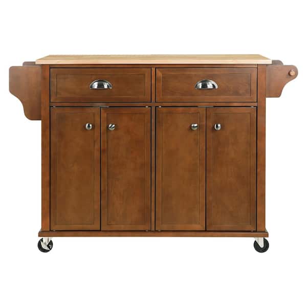 FUNKOL Mahogany Cambridge Natural Wood Top 32 in. Kitchen Island with Storage