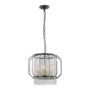 16.9 in. 4-Light Industrial Farmhouse Black Metal Pendant Light with Crystal Shade for Kitchen Island Dining Room