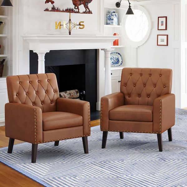 LUE BONA Camel and Walnut Faux Leather Mid Century Modern Button Tufted Accent Chair with Wood Legs (Set of 2)