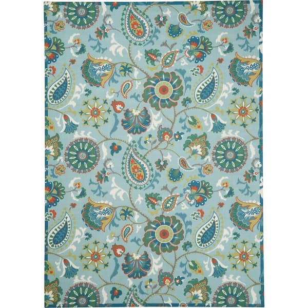 Waverly Sun N Shade Light Blue 8 ft. x 11 ft. Floral Geometric Traditional Indoor/Outdoor Area Rug