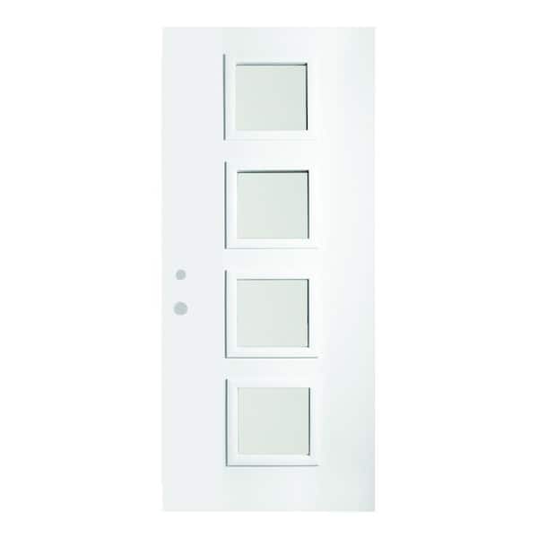 Stanley Doors 32 in. x 80 in. Evelyn Satin Opaque 4 Lite Painted White Right-Hand Inswing Steel Prehung Front Door