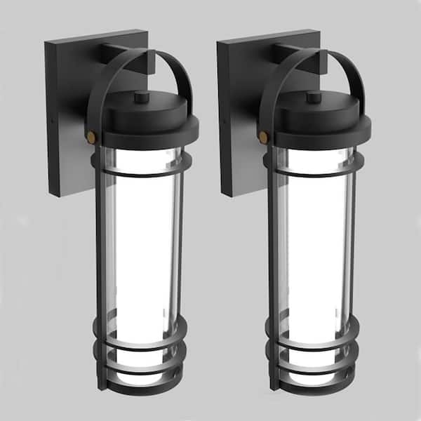 14.6 in. Black Outdoor Hardwired 14-Watt Wall Lantern Sconce with 5 CCT Selectable LED Light (2-Pack)
