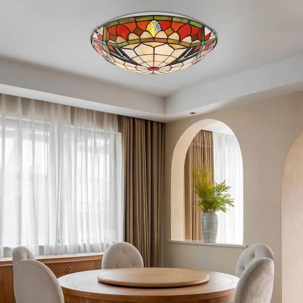 OUKANING 15.7 in. 3-Light Multicolored Mosaic Tiffany Flush Mount