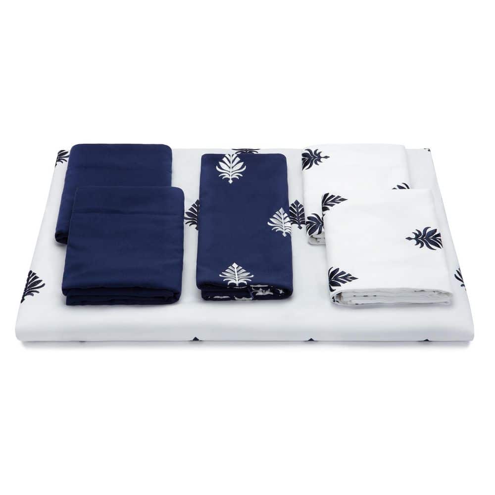 Navy and White Embroidered Microfiber Queen Duvet Cover Set