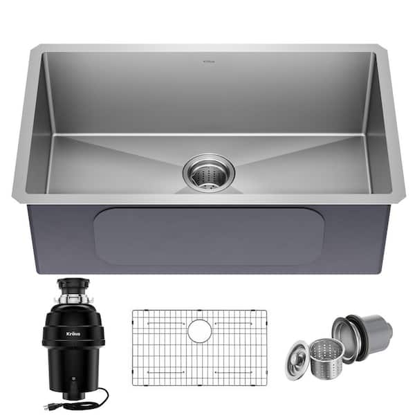 KRAUS Standart PRO 30 in 16 Gauge Undermount Single Bowl Stainless Steel Kitchen Sink with WasteGuard 1 HP Garbage Disposal