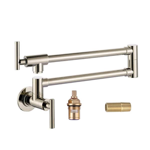 IVIGA Brass Wall Mount Pot Filler with 2-Handles and Double Joint Swing Arms Folding Kitchen Faucet in Polished Nickel