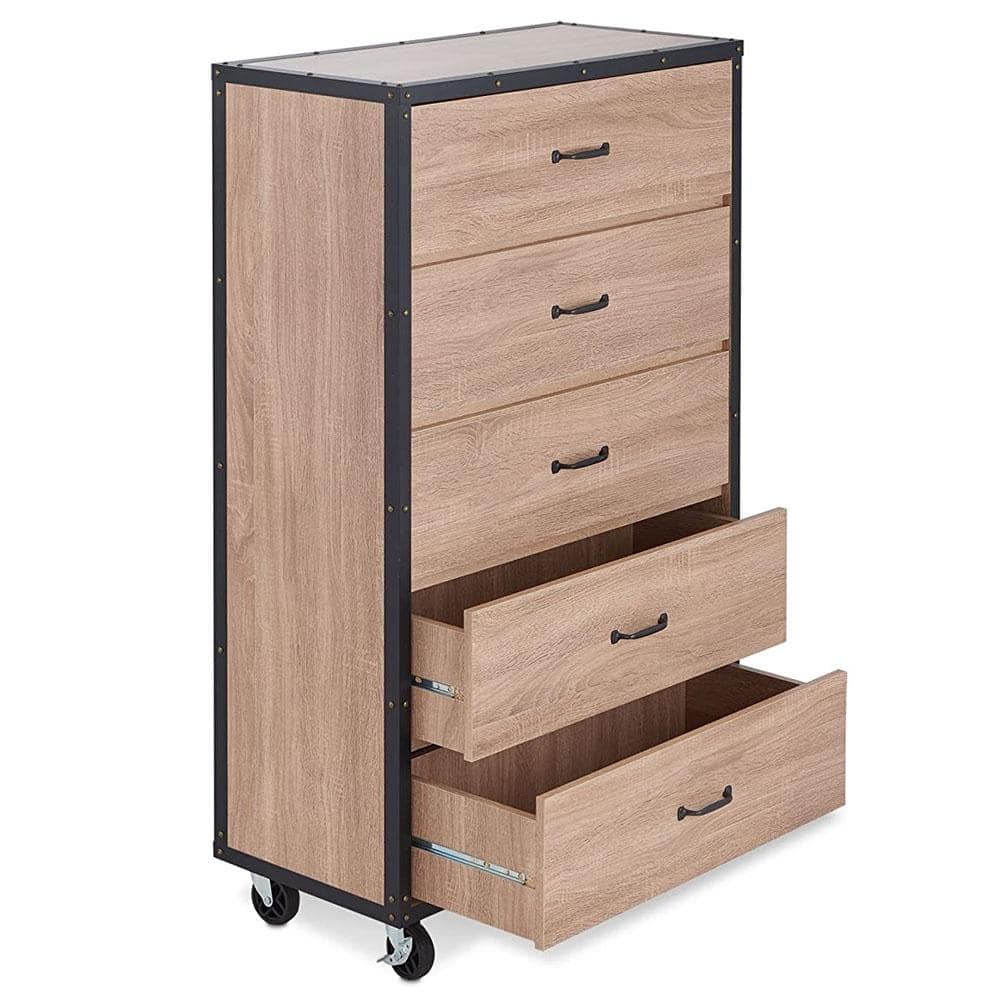 Weathered Light Oak Industrial Chest with Casters and Felt Lined Drawers