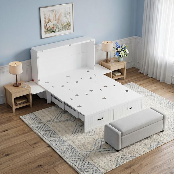 White Wood Frame Full Size Murphy Beds Chest of Drawer Storage Cabinet With Drawers, 2-Nightstand and Wheels